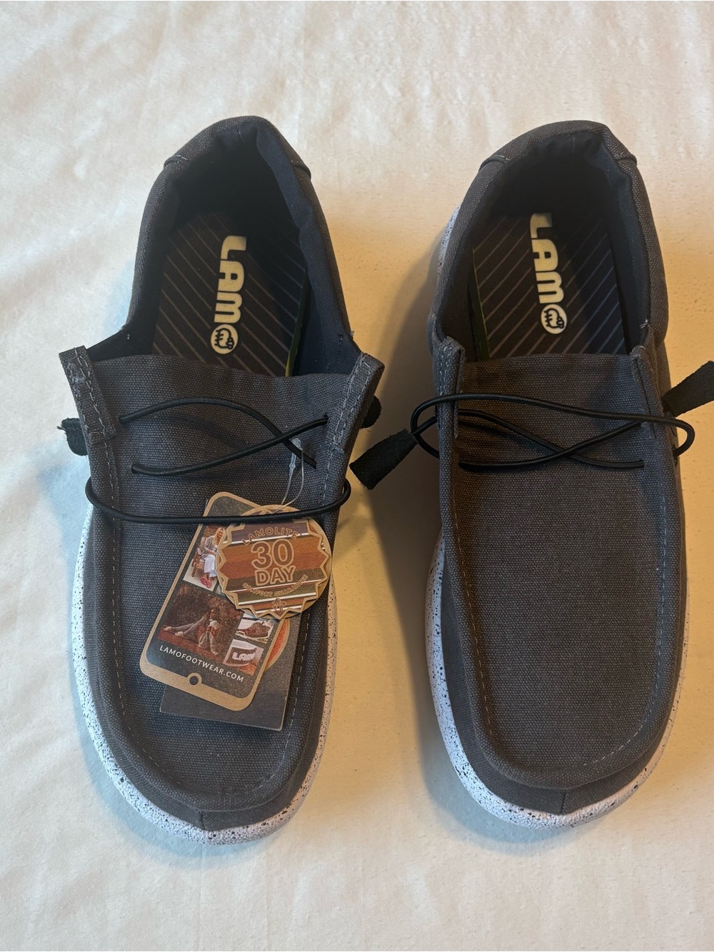 Lamo Men’s Slip-On Loafers in Dark Gray with White Sole and Black Drawcord Laces